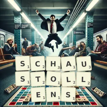 Kreative Illustration für ein Scrabble-Spiel, bei dem das Wort SCHAUSTOLLENS mit Steinen auf dem Brett gelegt wurde.