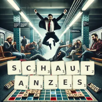 Kreative Illustration für ein Scrabble-Spiel, bei dem das Wort SCHAUTANZES mit Steinen auf dem Brett gelegt wurde.