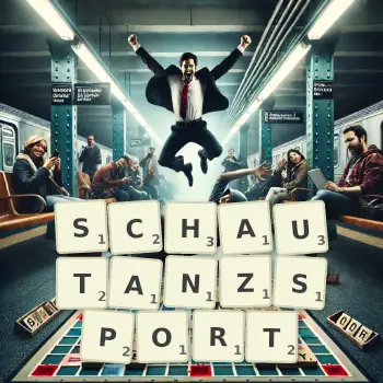 Kreative Illustration für ein Scrabble-Spiel, bei dem das Wort SCHAUTANZSPORT mit Steinen auf dem Brett gelegt wurde.