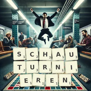Kreative Illustration für ein Scrabble-Spiel, bei dem das Wort SCHAUTURNIEREN mit Steinen auf dem Brett gelegt wurde.