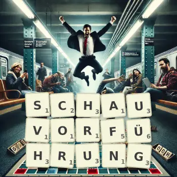 Kreative Illustration für ein Scrabble-Spiel, bei dem das Wort SCHAUVORFÜHRUNG mit Steinen auf dem Brett gelegt wurde.