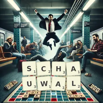 Kreative Illustration für ein Scrabble-Spiel, bei dem das Wort SCHAUWAL mit Steinen auf dem Brett gelegt wurde.