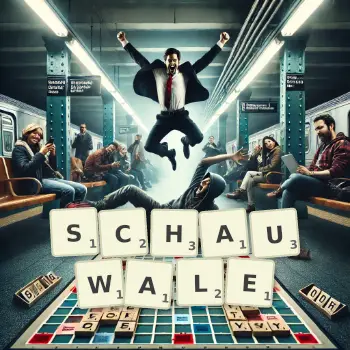 Kreative Illustration für ein Scrabble-Spiel, bei dem das Wort SCHAUWALE mit Steinen auf dem Brett gelegt wurde.