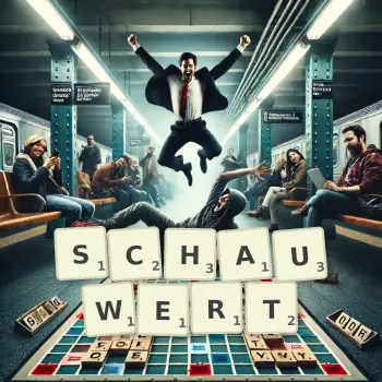 Kreative Illustration für ein Scrabble-Spiel, bei dem das Wort SCHAUWERT mit Steinen auf dem Brett gelegt wurde.