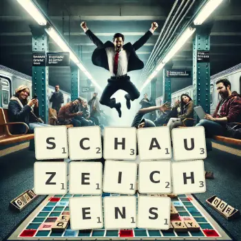 Kreative Illustration für ein Scrabble-Spiel, bei dem das Wort SCHAUZEICHENS mit Steinen auf dem Brett gelegt wurde.