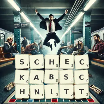 Kreative Illustration für ein Scrabble-Spiel, bei dem das Wort SCHECKABSCHNITT mit Steinen auf dem Brett gelegt wurde.