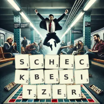 Kreative Illustration für ein Scrabble-Spiel, bei dem das Wort SCHECKBESITZER mit Steinen auf dem Brett gelegt wurde.