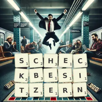 Kreative Illustration für ein Scrabble-Spiel, bei dem das Wort SCHECKBESITZERN mit Steinen auf dem Brett gelegt wurde.