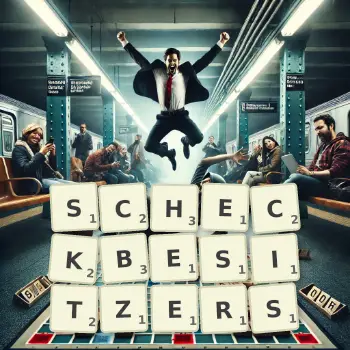 Kreative Illustration für ein Scrabble-Spiel, bei dem das Wort SCHECKBESITZERS mit Steinen auf dem Brett gelegt wurde.