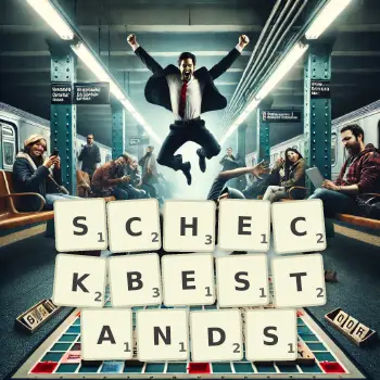 Kreative Illustration für ein Scrabble-Spiel, bei dem das Wort SCHECKBESTANDS mit Steinen auf dem Brett gelegt wurde.