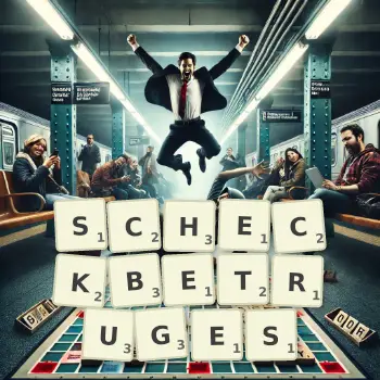 Kreative Illustration für ein Scrabble-Spiel, bei dem das Wort SCHECKBETRUGES mit Steinen auf dem Brett gelegt wurde.