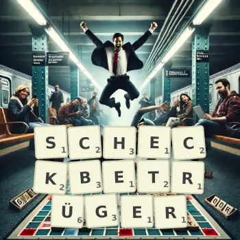 Kreative Illustration für ein Scrabble-Spiel, bei dem das Wort SCHECKBETRÜGER mit Steinen auf dem Brett gelegt wurde.