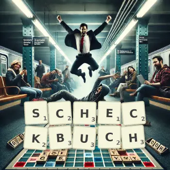 Kreative Illustration für ein Scrabble-Spiel, bei dem das Wort SCHECKBUCH mit Steinen auf dem Brett gelegt wurde.