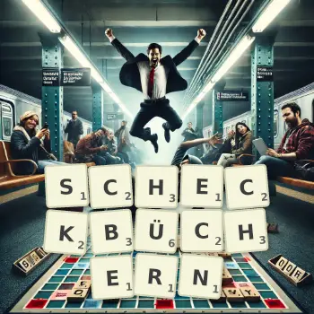 Kreative Illustration für ein Scrabble-Spiel, bei dem das Wort SCHECKBÜCHERN mit Steinen auf dem Brett gelegt wurde.