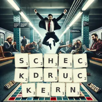 Kreative Illustration für ein Scrabble-Spiel, bei dem das Wort SCHECKDRUCKERN mit Steinen auf dem Brett gelegt wurde.
