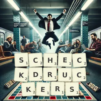 Kreative Illustration für ein Scrabble-Spiel, bei dem das Wort SCHECKDRUCKERS mit Steinen auf dem Brett gelegt wurde.