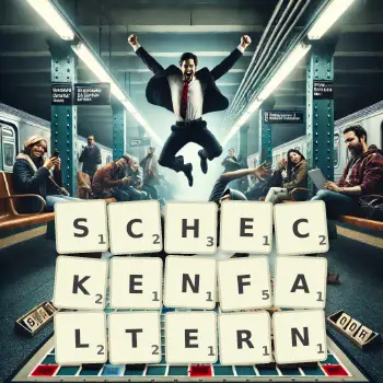 Kreative Illustration für ein Scrabble-Spiel, bei dem das Wort SCHECKENFALTERN mit Steinen auf dem Brett gelegt wurde.