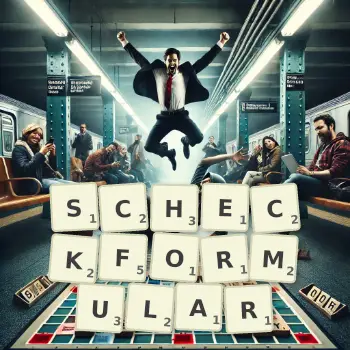 Kreative Illustration für ein Scrabble-Spiel, bei dem das Wort SCHECKFORMULAR mit Steinen auf dem Brett gelegt wurde.