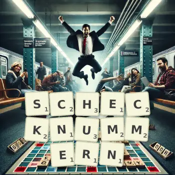 Kreative Illustration für ein Scrabble-Spiel, bei dem das Wort SCHECKNUMMERN mit Steinen auf dem Brett gelegt wurde.