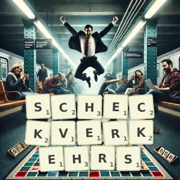 Kreative Illustration für ein Scrabble-Spiel, bei dem das Wort SCHECKVERKEHRS mit Steinen auf dem Brett gelegt wurde.
