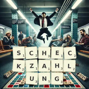 Kreative Illustration für ein Scrabble-Spiel, bei dem das Wort SCHECKZAHLUNG mit Steinen auf dem Brett gelegt wurde.