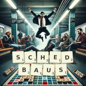 Kreative Illustration für ein Scrabble-Spiel, bei dem das Wort SCHEDBAUS mit Steinen auf dem Brett gelegt wurde.