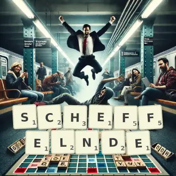 Kreative Illustration für ein Scrabble-Spiel, bei dem das Wort SCHEFFELNDE mit Steinen auf dem Brett gelegt wurde.