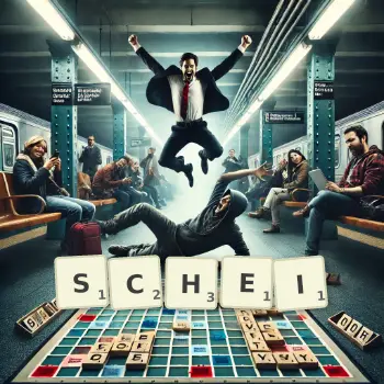 Kreative Illustration für ein Scrabble-Spiel, bei dem das Wort SCHEI mit Steinen auf dem Brett gelegt wurde.
