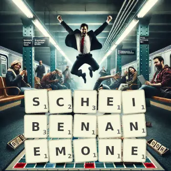 Kreative Illustration für ein Scrabble-Spiel, bei dem das Wort SCHEIBENANEMONE mit Steinen auf dem Brett gelegt wurde.