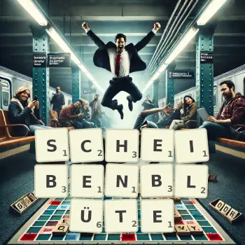 Kreative Illustration für ein Scrabble-Spiel, bei dem das Wort SCHEIBENBLÜTE mit Steinen auf dem Brett gelegt wurde.