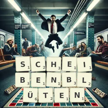 Kreative Illustration für ein Scrabble-Spiel, bei dem das Wort SCHEIBENBLÜTEN mit Steinen auf dem Brett gelegt wurde.