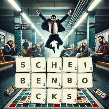 Kreative Illustration für ein Scrabble-Spiel, bei dem das Wort SCHEIBENBOCKS mit Steinen auf dem Brett gelegt wurde.