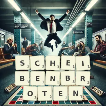 Kreative Illustration für ein Scrabble-Spiel, bei dem das Wort SCHEIBENBROTEN mit Steinen auf dem Brett gelegt wurde.