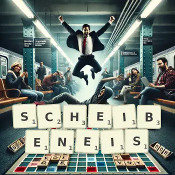 Kreative Illustration für ein Scrabble-Spiel, bei dem das Wort SCHEIBENEIS mit Steinen auf dem Brett gelegt wurde.