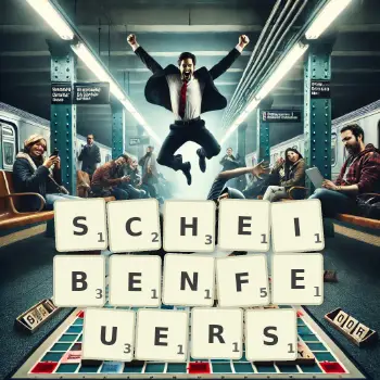 Kreative Illustration für ein Scrabble-Spiel, bei dem das Wort SCHEIBENFEUERS mit Steinen auf dem Brett gelegt wurde.