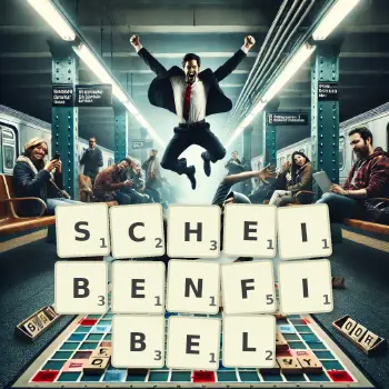 Kreative Illustration für ein Scrabble-Spiel, bei dem das Wort SCHEIBENFIBEL mit Steinen auf dem Brett gelegt wurde.