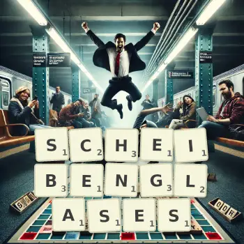 Kreative Illustration für ein Scrabble-Spiel, bei dem das Wort SCHEIBENGLASES mit Steinen auf dem Brett gelegt wurde.