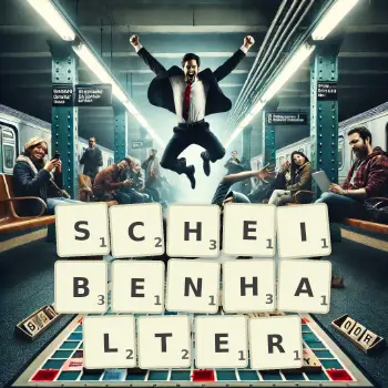 Kreative Illustration für ein Scrabble-Spiel, bei dem das Wort SCHEIBENHALTER mit Steinen auf dem Brett gelegt wurde.