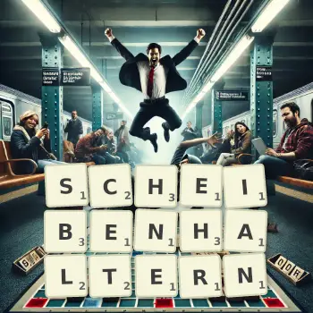 Kreative Illustration für ein Scrabble-Spiel, bei dem das Wort SCHEIBENHALTERN mit Steinen auf dem Brett gelegt wurde.