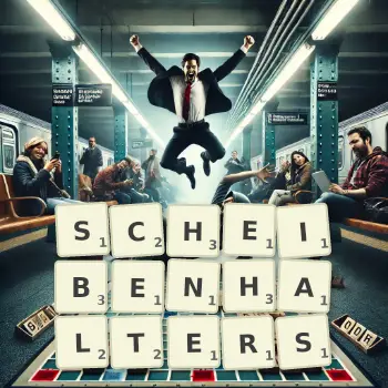 Kreative Illustration für ein Scrabble-Spiel, bei dem das Wort SCHEIBENHALTERS mit Steinen auf dem Brett gelegt wurde.