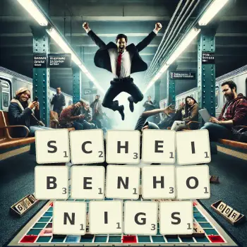 Kreative Illustration für ein Scrabble-Spiel, bei dem das Wort SCHEIBENHONIGS mit Steinen auf dem Brett gelegt wurde.