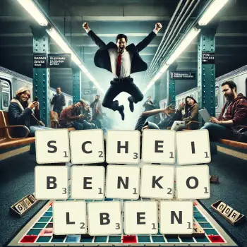 Kreative Illustration für ein Scrabble-Spiel, bei dem das Wort SCHEIBENKOLBEN mit Steinen auf dem Brett gelegt wurde.