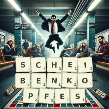 Kreative Illustration für ein Scrabble-Spiel, bei dem das Wort SCHEIBENKOPFES mit Steinen auf dem Brett gelegt wurde.