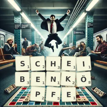 Kreative Illustration für ein Scrabble-Spiel, bei dem das Wort SCHEIBENKÖPFE mit Steinen auf dem Brett gelegt wurde.