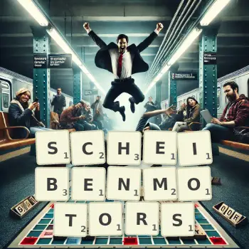 Kreative Illustration für ein Scrabble-Spiel, bei dem das Wort SCHEIBENMOTORS mit Steinen auf dem Brett gelegt wurde.