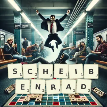 Kreative Illustration für ein Scrabble-Spiel, bei dem das Wort SCHEIBENRAD mit Steinen auf dem Brett gelegt wurde.