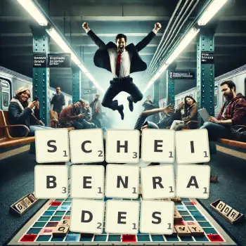 Kreative Illustration für ein Scrabble-Spiel, bei dem das Wort SCHEIBENRADES mit Steinen auf dem Brett gelegt wurde.
