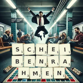 Kreative Illustration für ein Scrabble-Spiel, bei dem das Wort SCHEIBENRAHMEN mit Steinen auf dem Brett gelegt wurde.