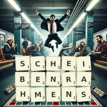 Kreative Illustration für ein Scrabble-Spiel, bei dem das Wort SCHEIBENRAHMENS mit Steinen auf dem Brett gelegt wurde.