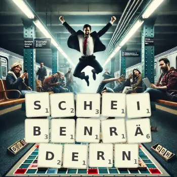 Kreative Illustration für ein Scrabble-Spiel, bei dem das Wort SCHEIBENRÄDERN mit Steinen auf dem Brett gelegt wurde.